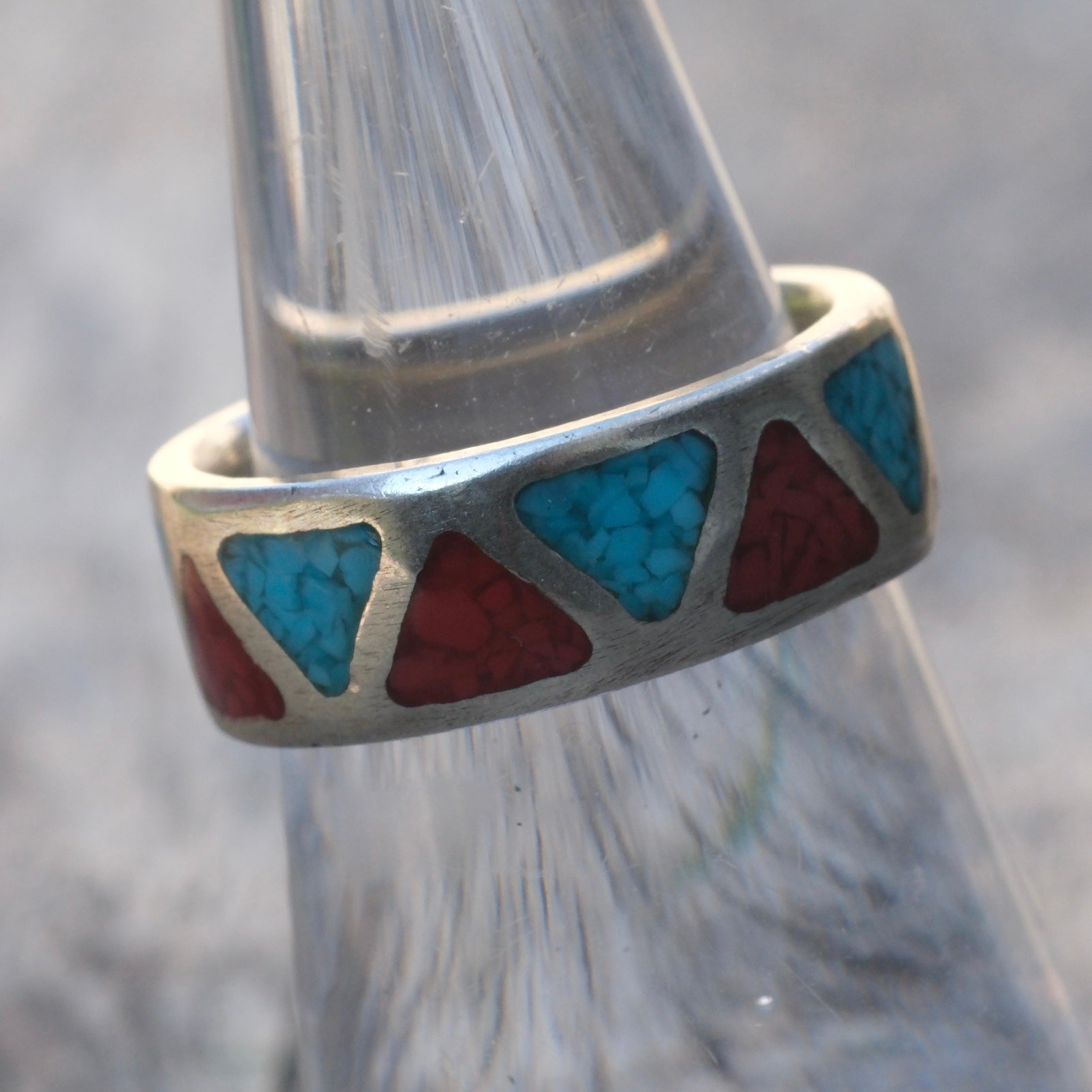 Vintage Sterling Turquoise and Coral Inlay Band 6.75