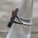 Vintage Sterling Turquoise and Coral Feather Ring 5.75