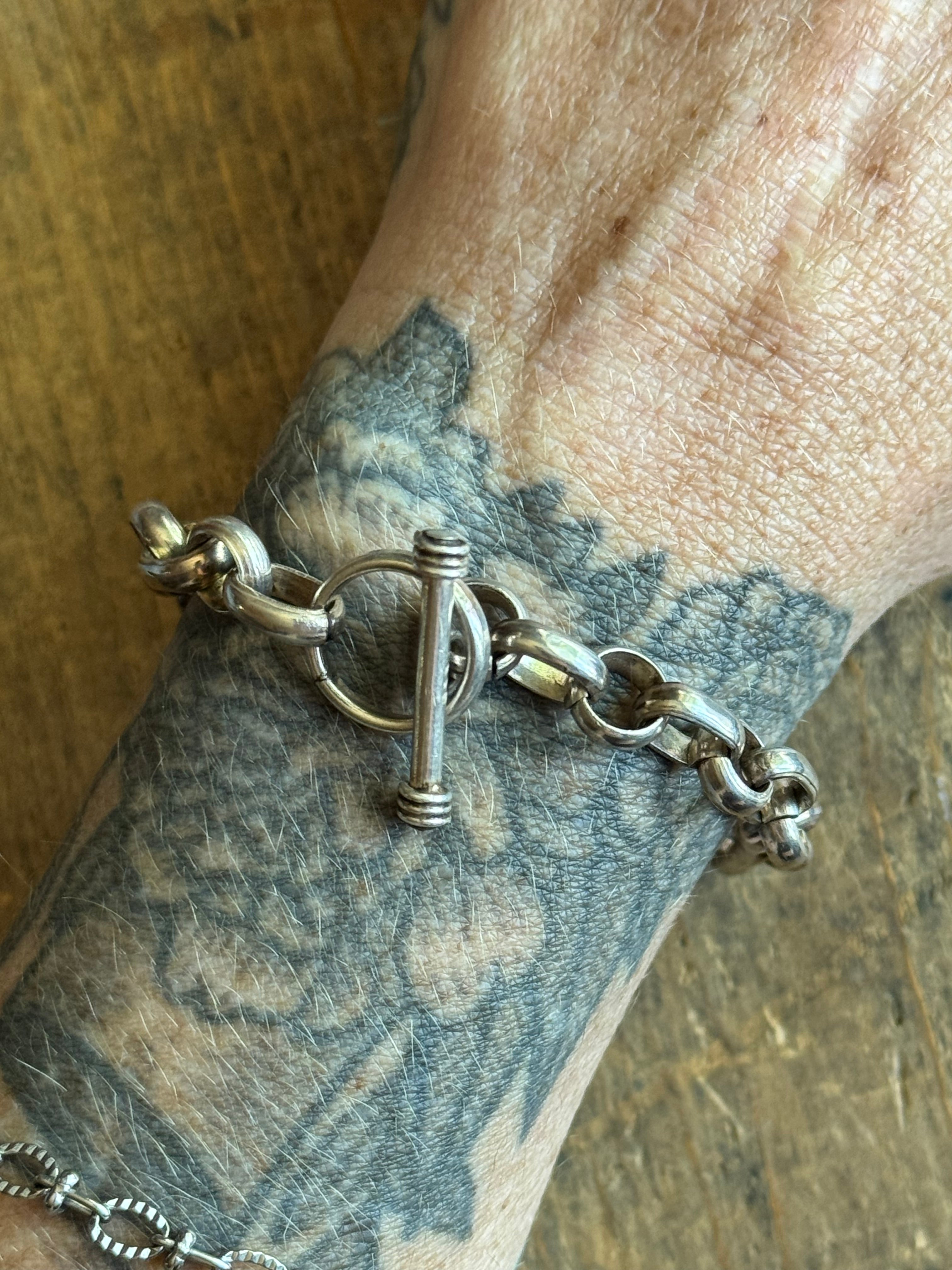 Vintage Sterling Silver Oval & Rolo Chain Toggle Bracelet 8"