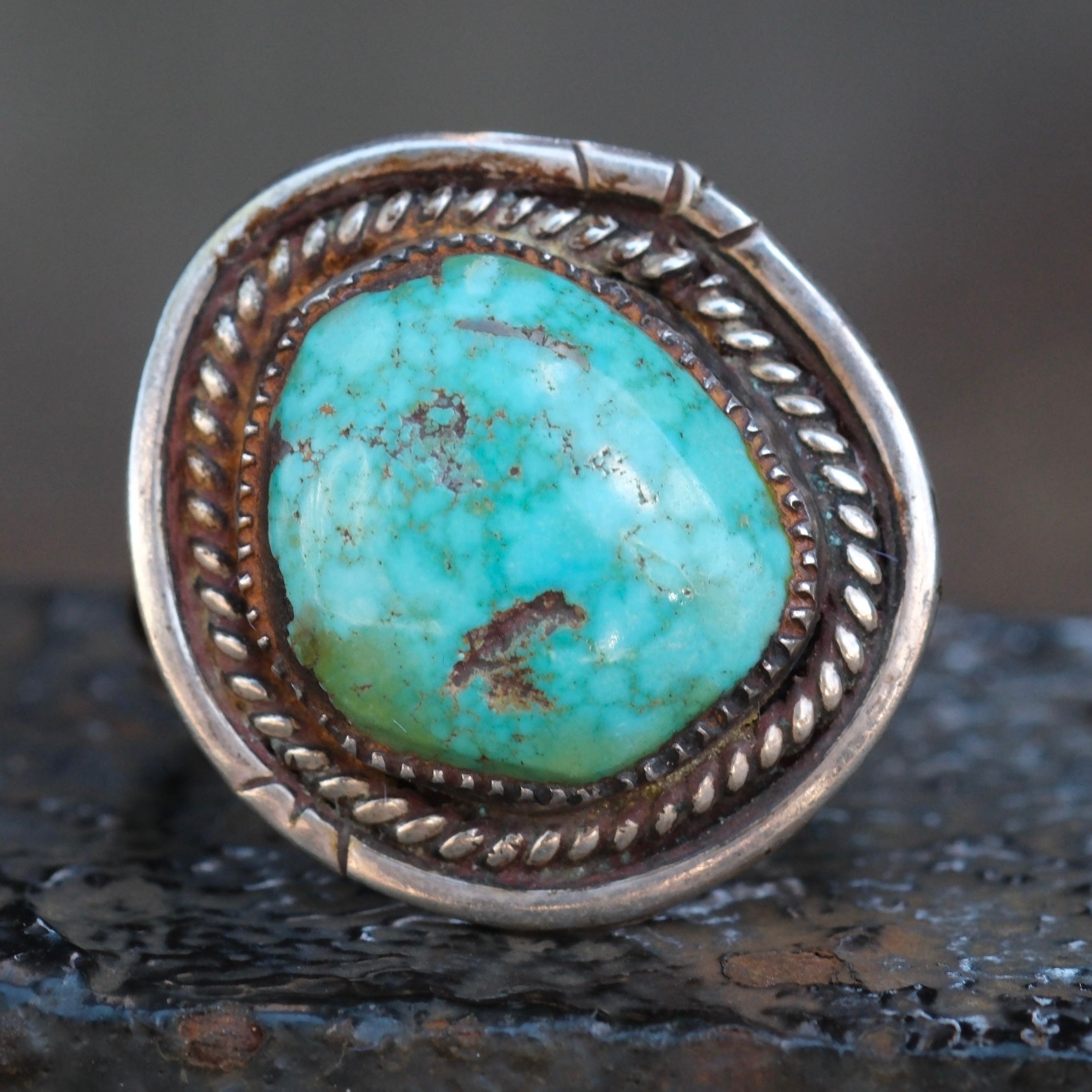 Vintage Sterling Turquoise Roper Ring 9.25