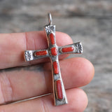 Vintage Sterling 7-Stone Coral  Cross Necklace