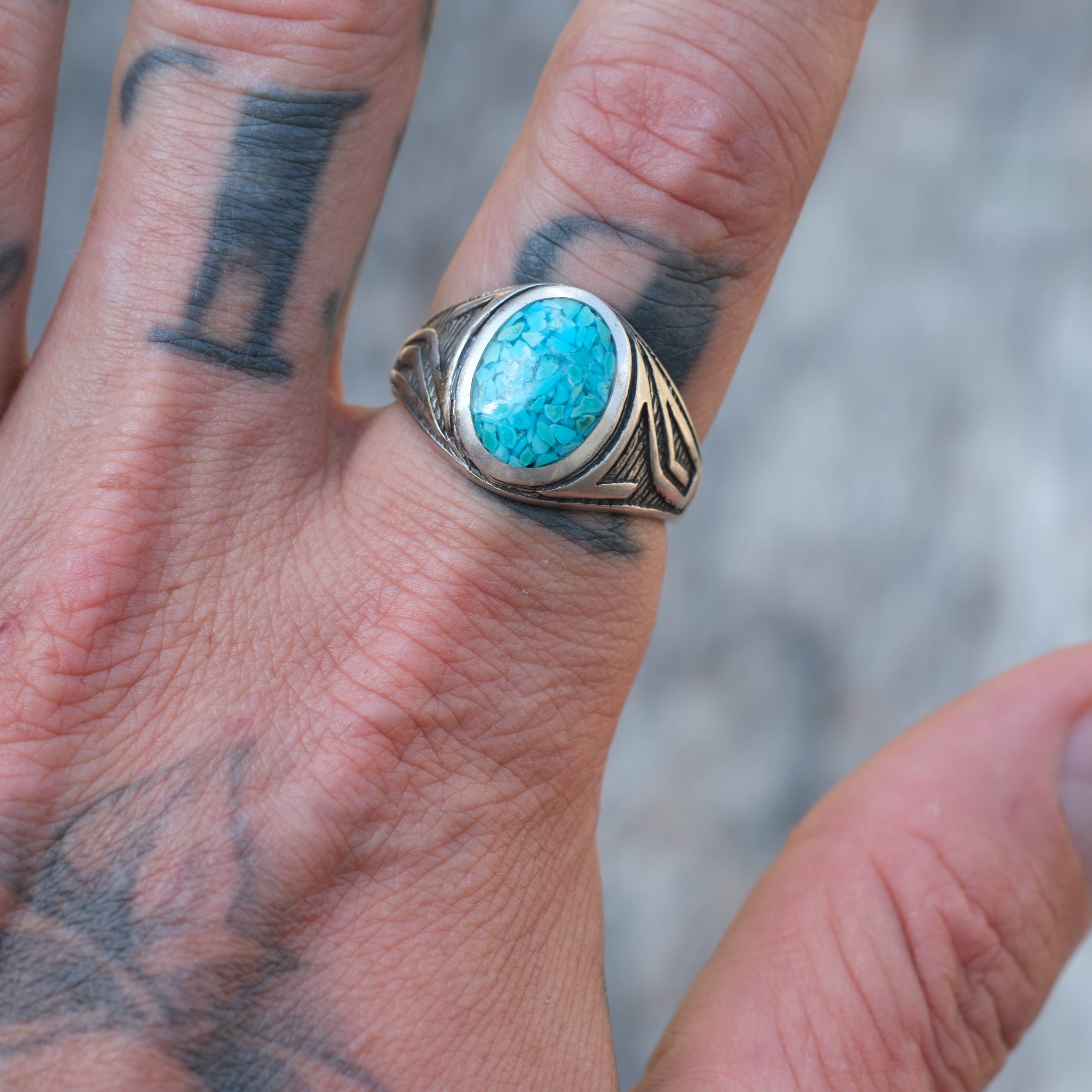Vintage Sterling Crushed Turquoise Ring 10.75