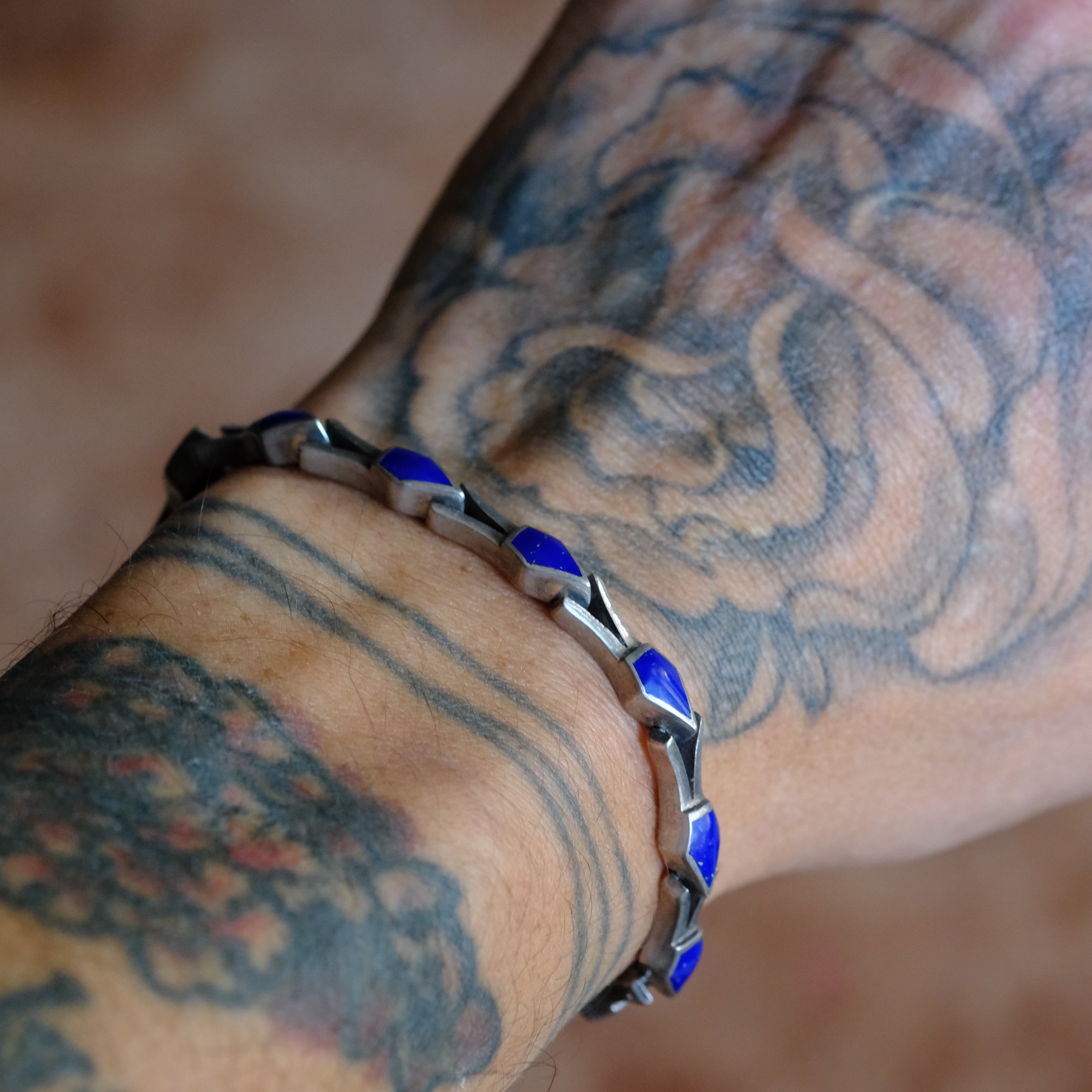 Vintage Sterling Silver Lapis Link Bracelet