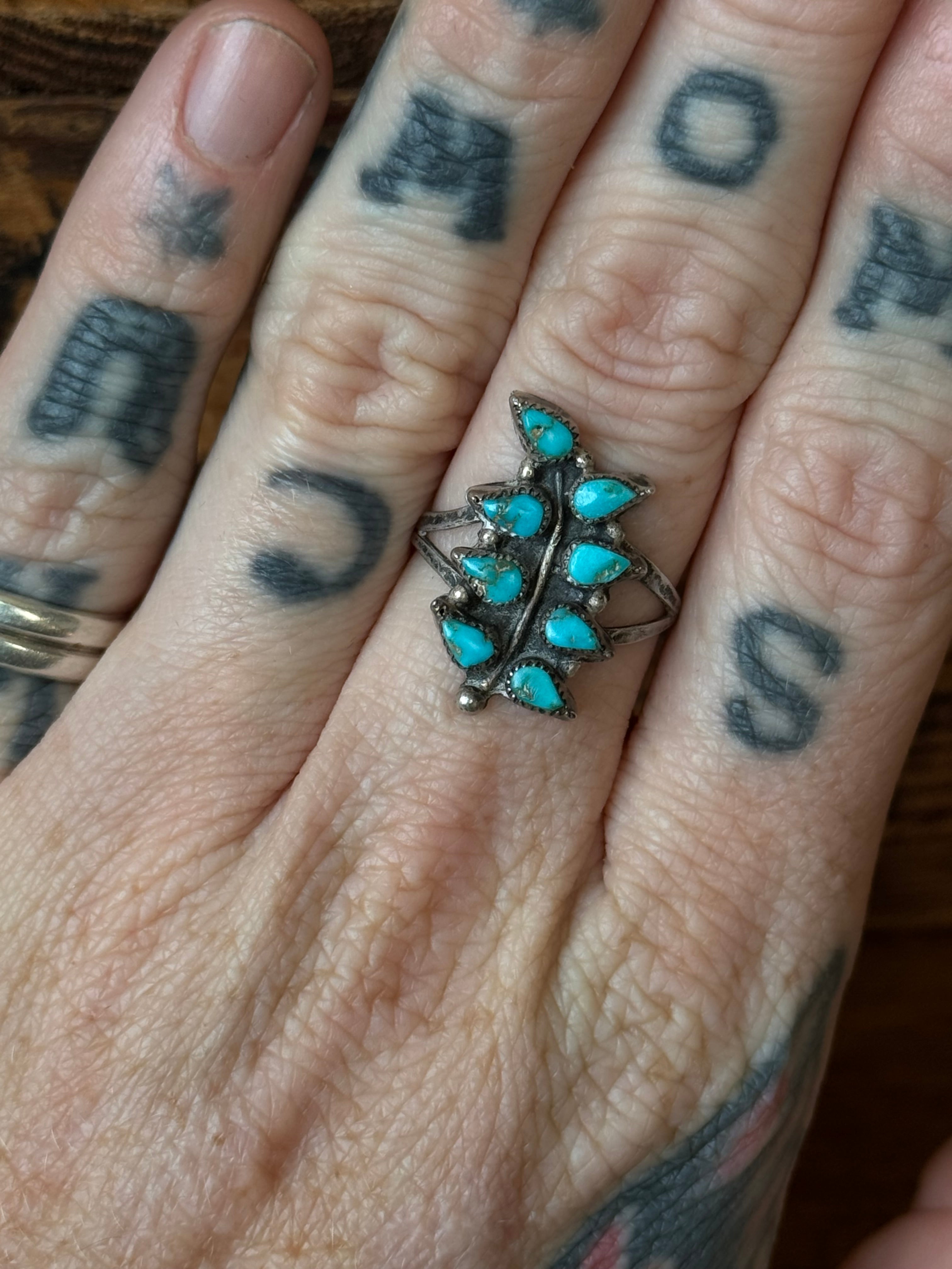 Vintage Sterling Silver Turquoise Fern Leaf Ring 6.5