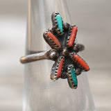 Vintage Sterling Turquoise and Coral Cluster Ring 4.5