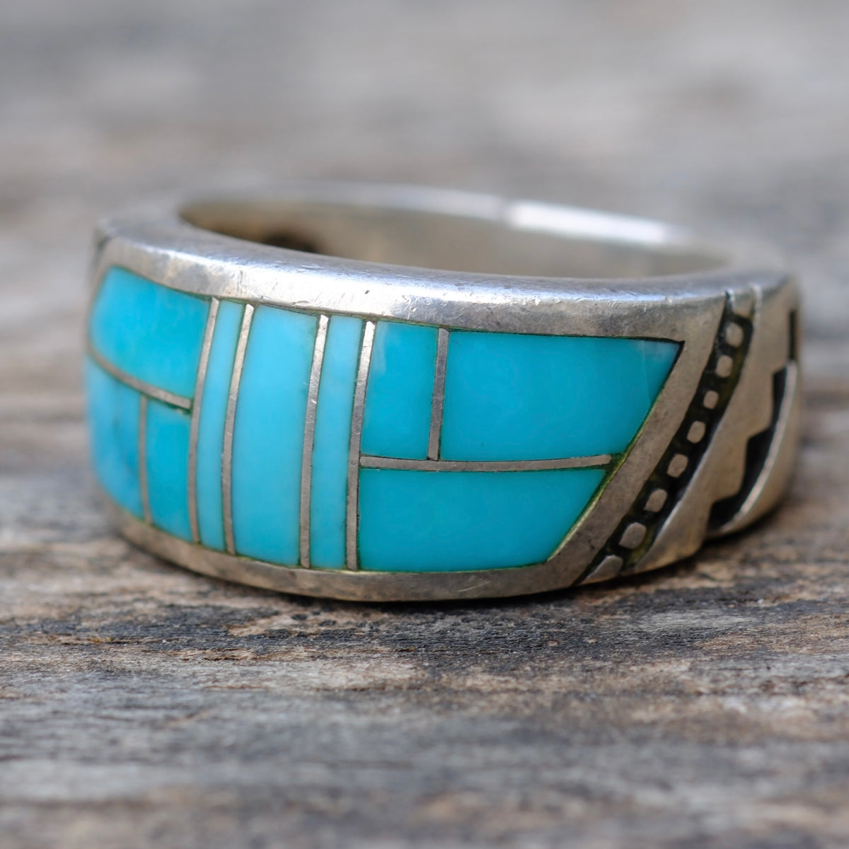 Vintage Sterling Turquoise Inlay Band Ring 9