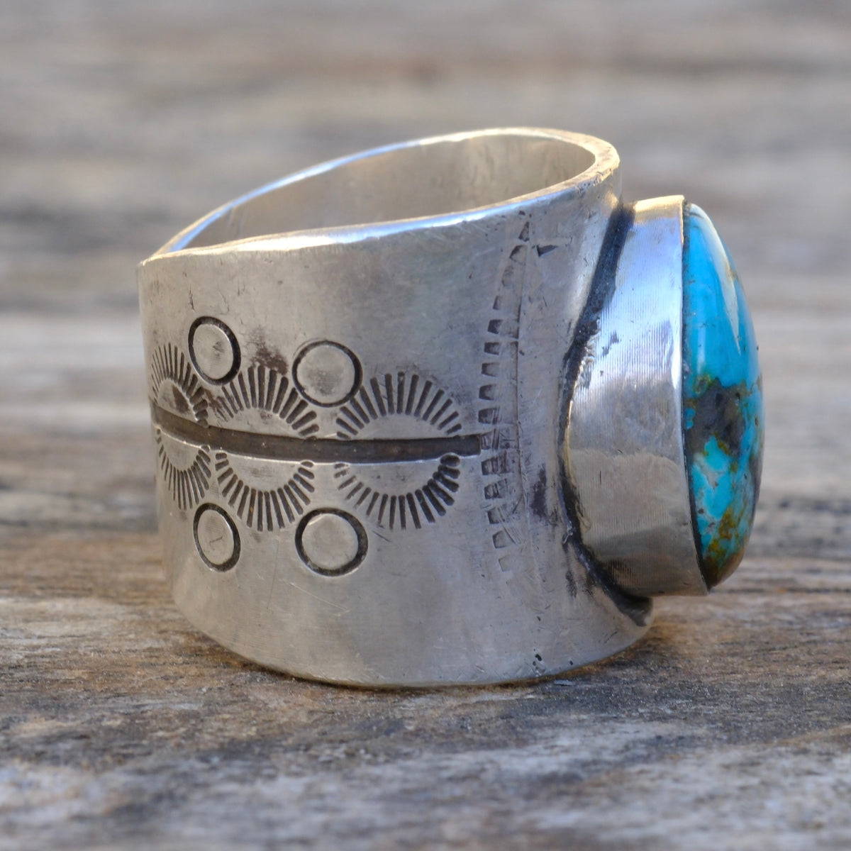 Sterling Silver Fox Turquoise Stamped Ring 8.5