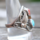 Vintage Sterling Turquoise and Coral Claw Ring 11