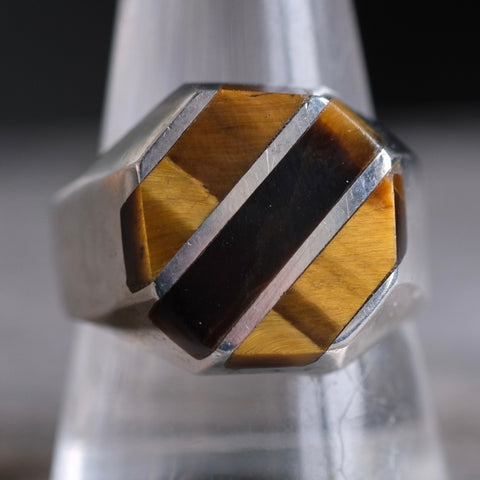 Vintage Sterling Onyx and Tigers Eye Inlay Ring 11.25