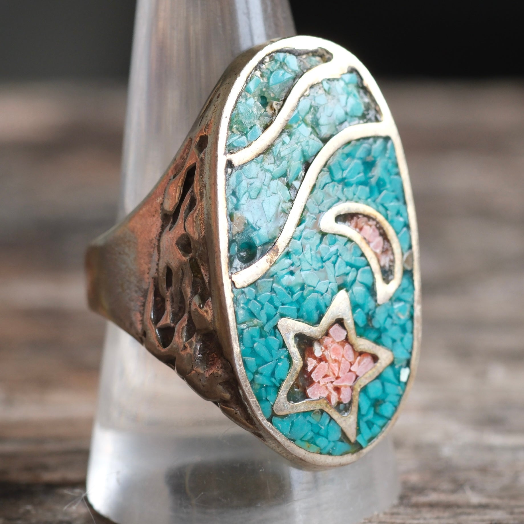 Vintage Sterling Turquoise and Coral Star and Moon Ring 9.75