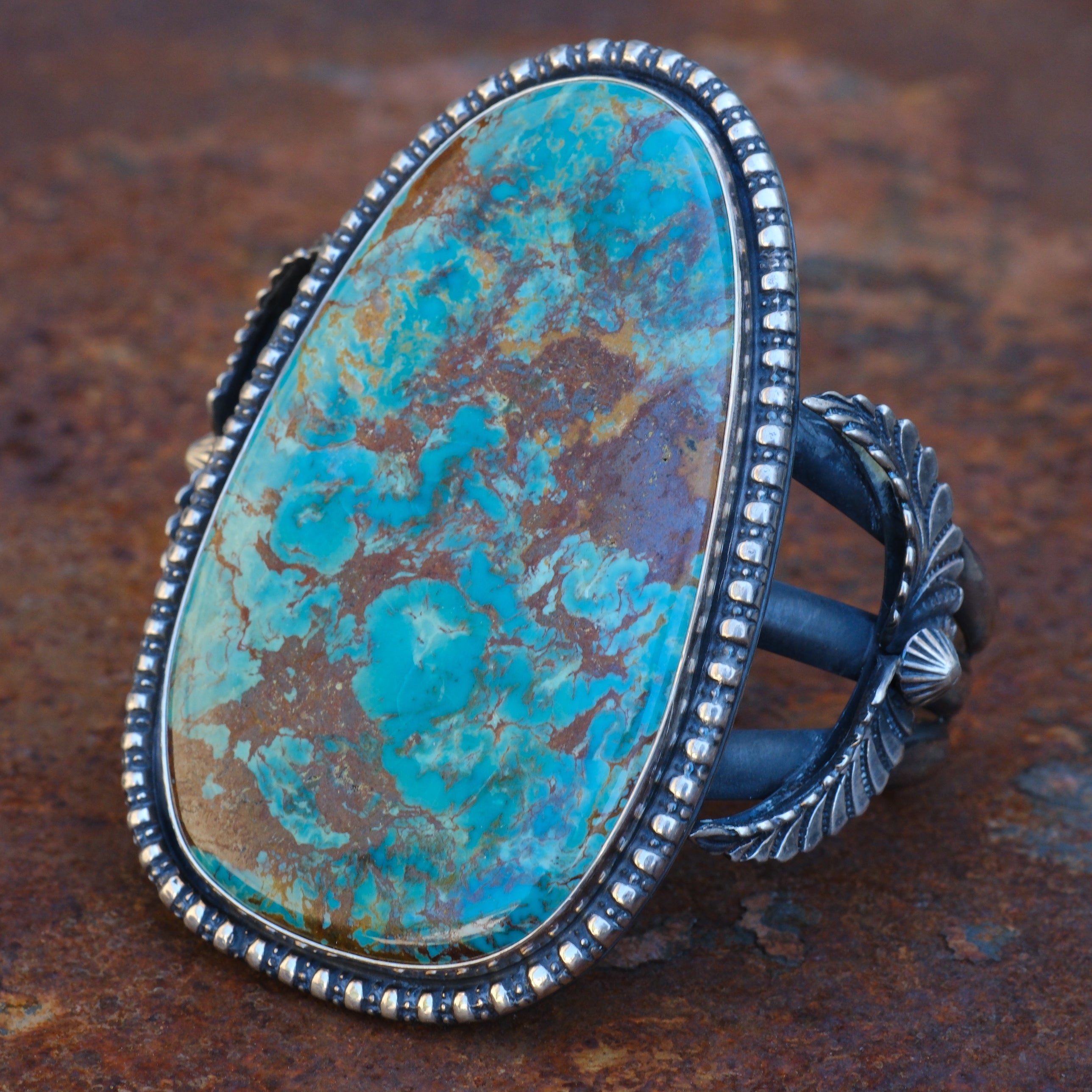HUGE Vintage Sterling Turquoise Feather Cuff Bracelet