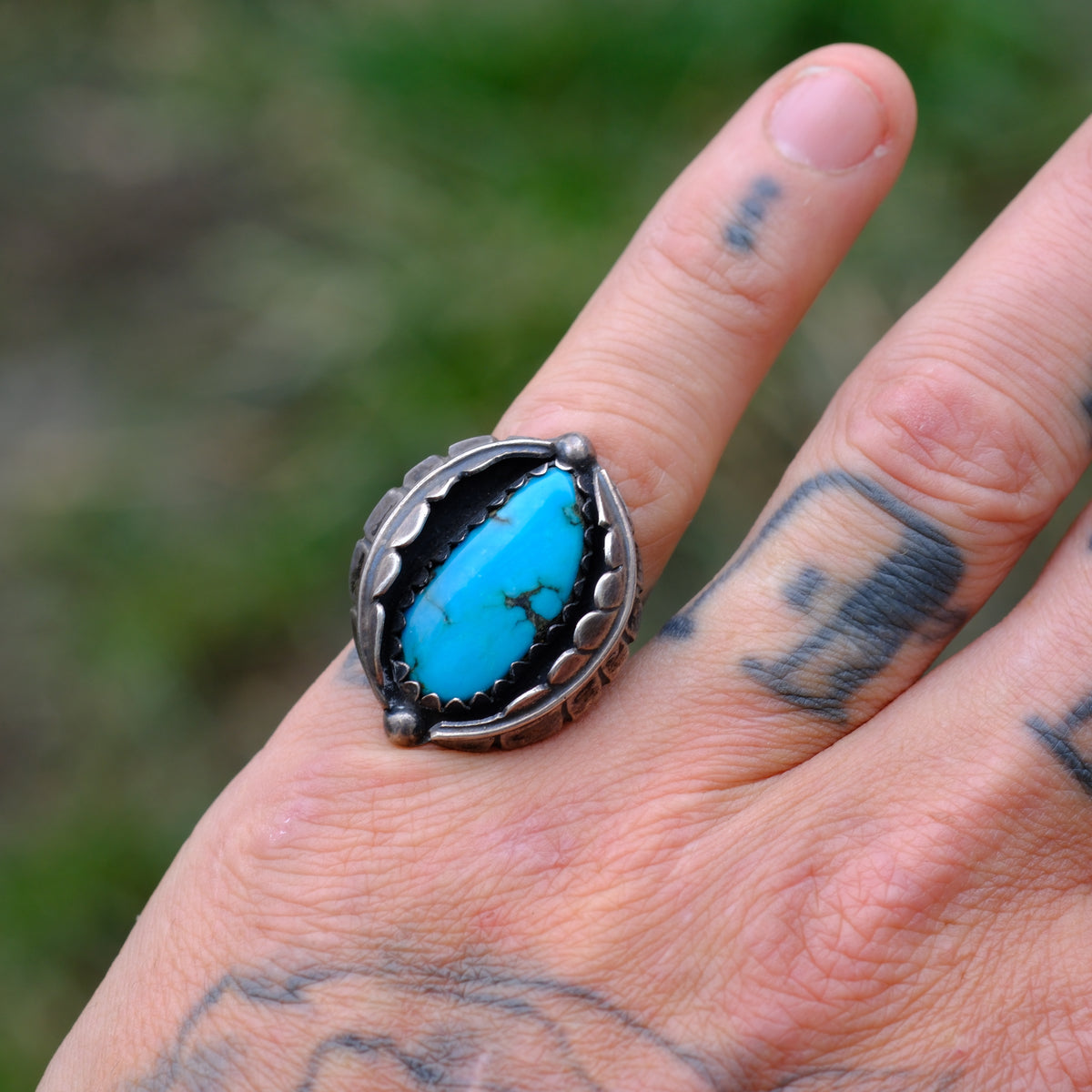 Vintage Sterling Turquoise Double Feather Ring 6