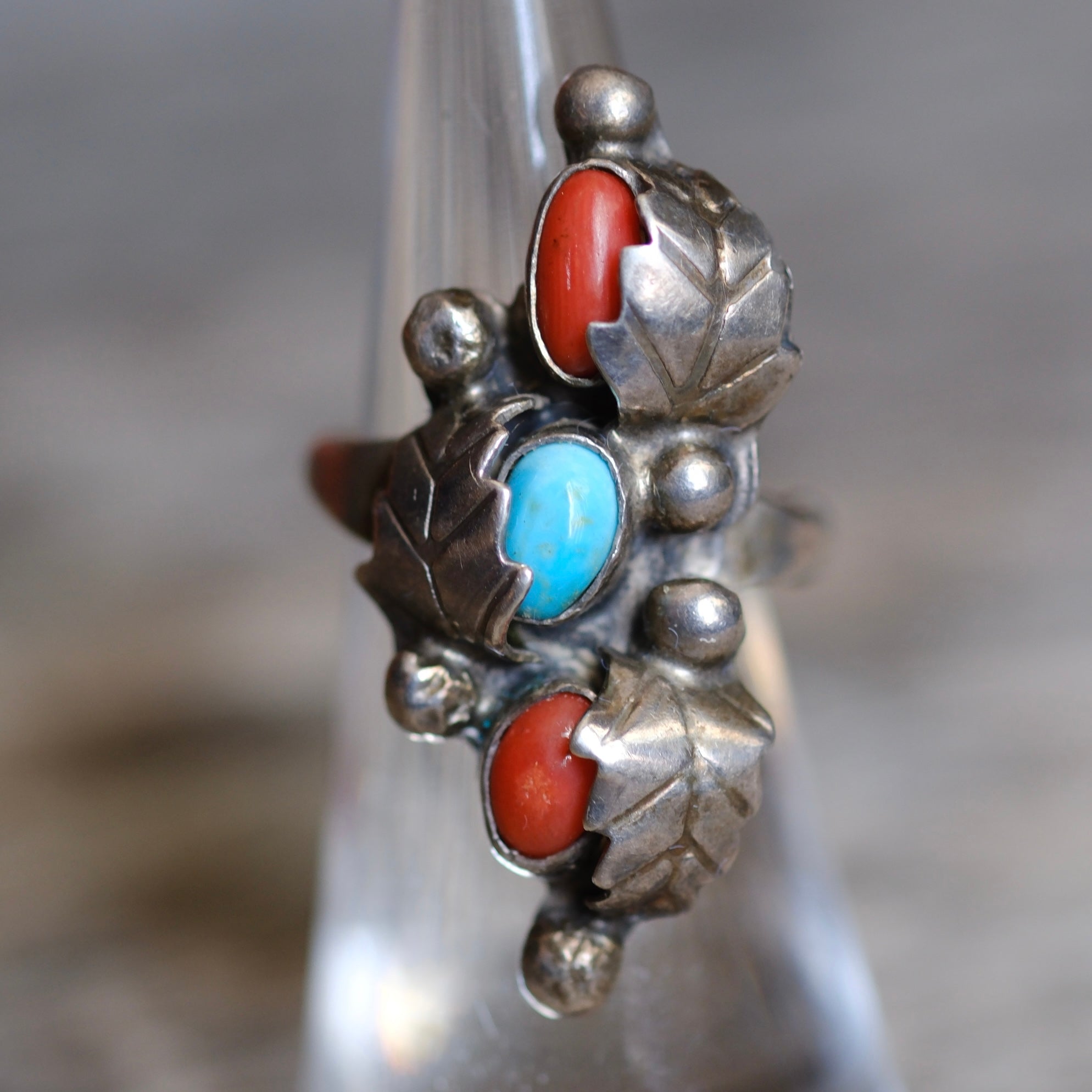 Vintage Sterling Turquoise and Coral Feather Ring 6