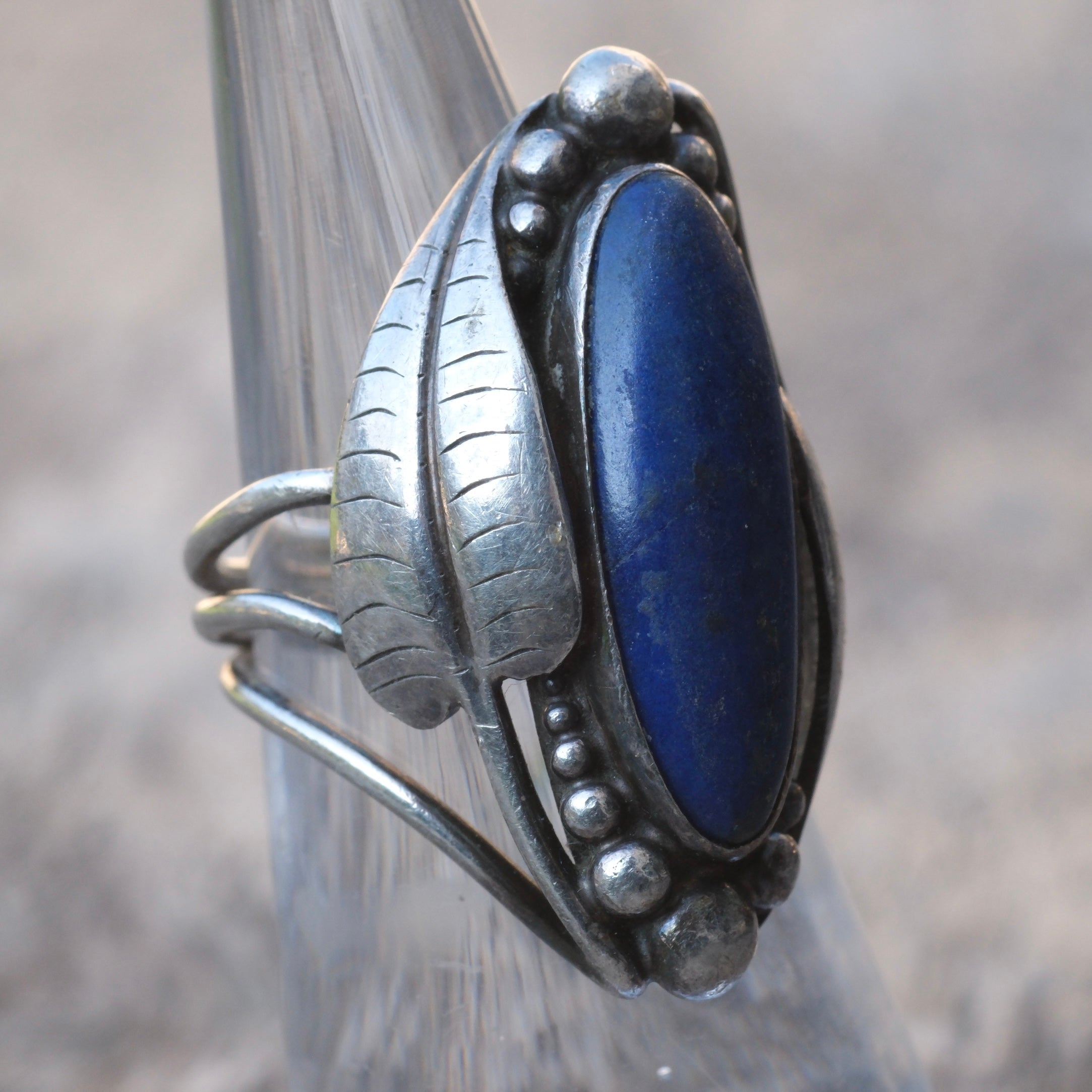 Vintage Sterling Lapis Feather Ring 5.25