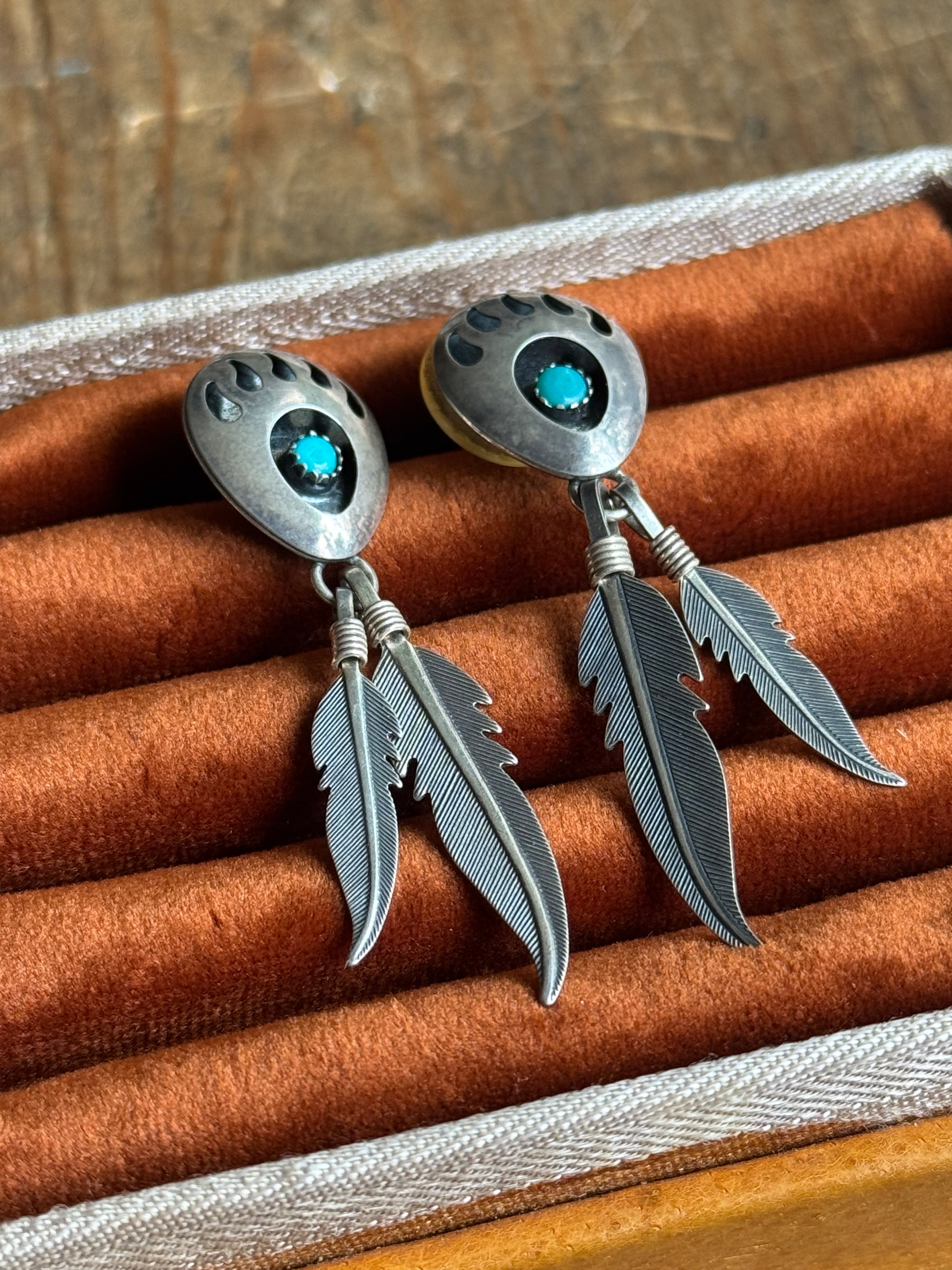 Vintage Sterling Silver Turquoise Bear Claw Feather Earrings
