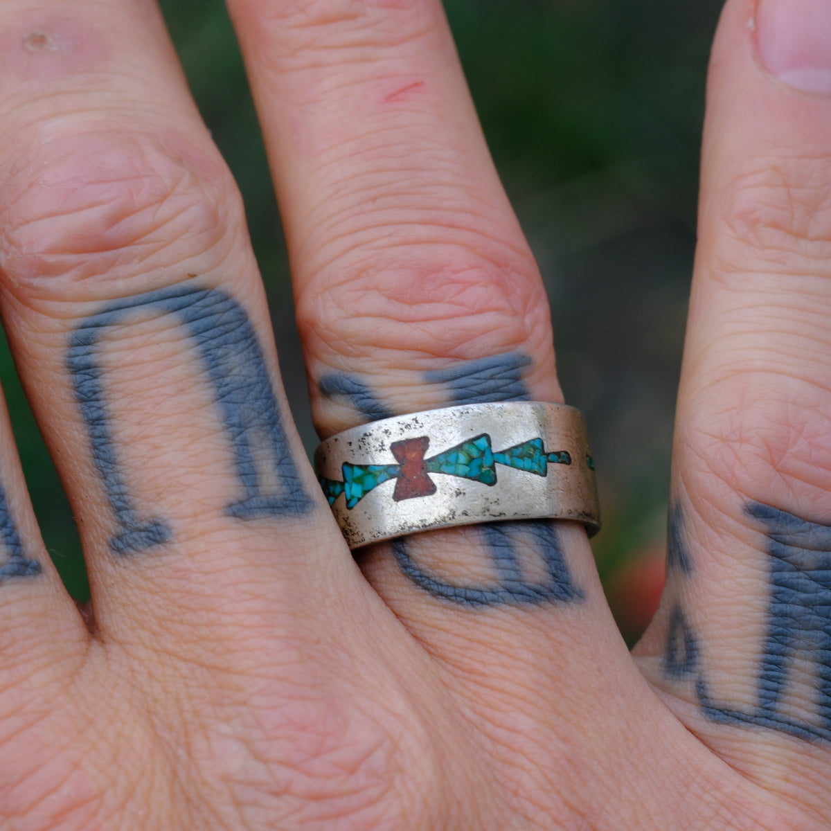 Vintage Sterling Turquoise and Coral Inlay Band 9.5