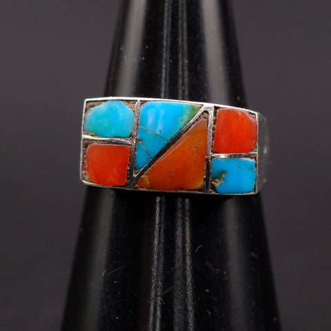 Vintage Sterling Turquoise and Coral Inlay Ring 6.25