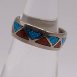 Vintage Sterling Crushed Turquoise and Coral Band Ring 5