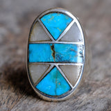 Vintage Sterling Turquoise and Mother of Pearl Inlay Ring 8.25