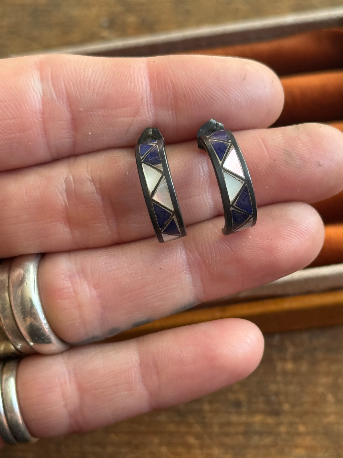 Vintage Sterling Silver Lapis & Mother Or Pearl Inlay Crescent Hoops