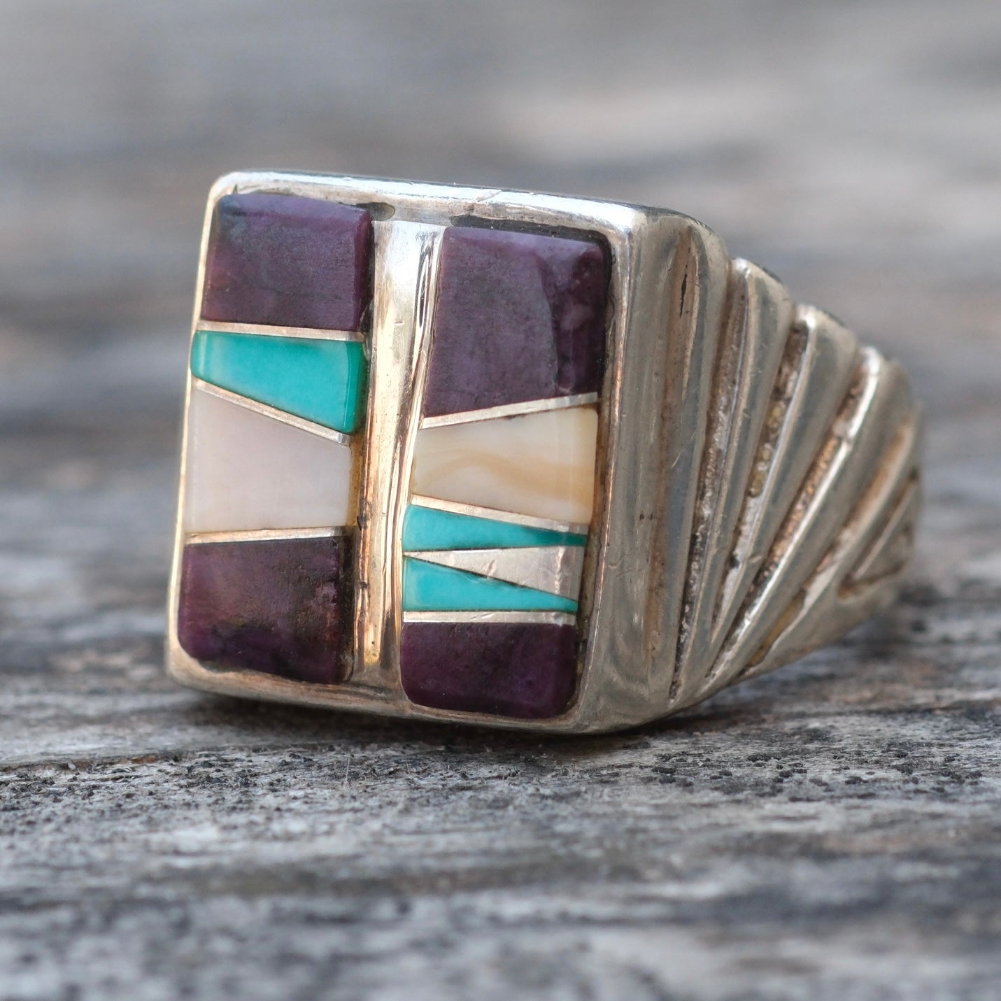 Vintage Sterling Multistone Inlay Ring 9