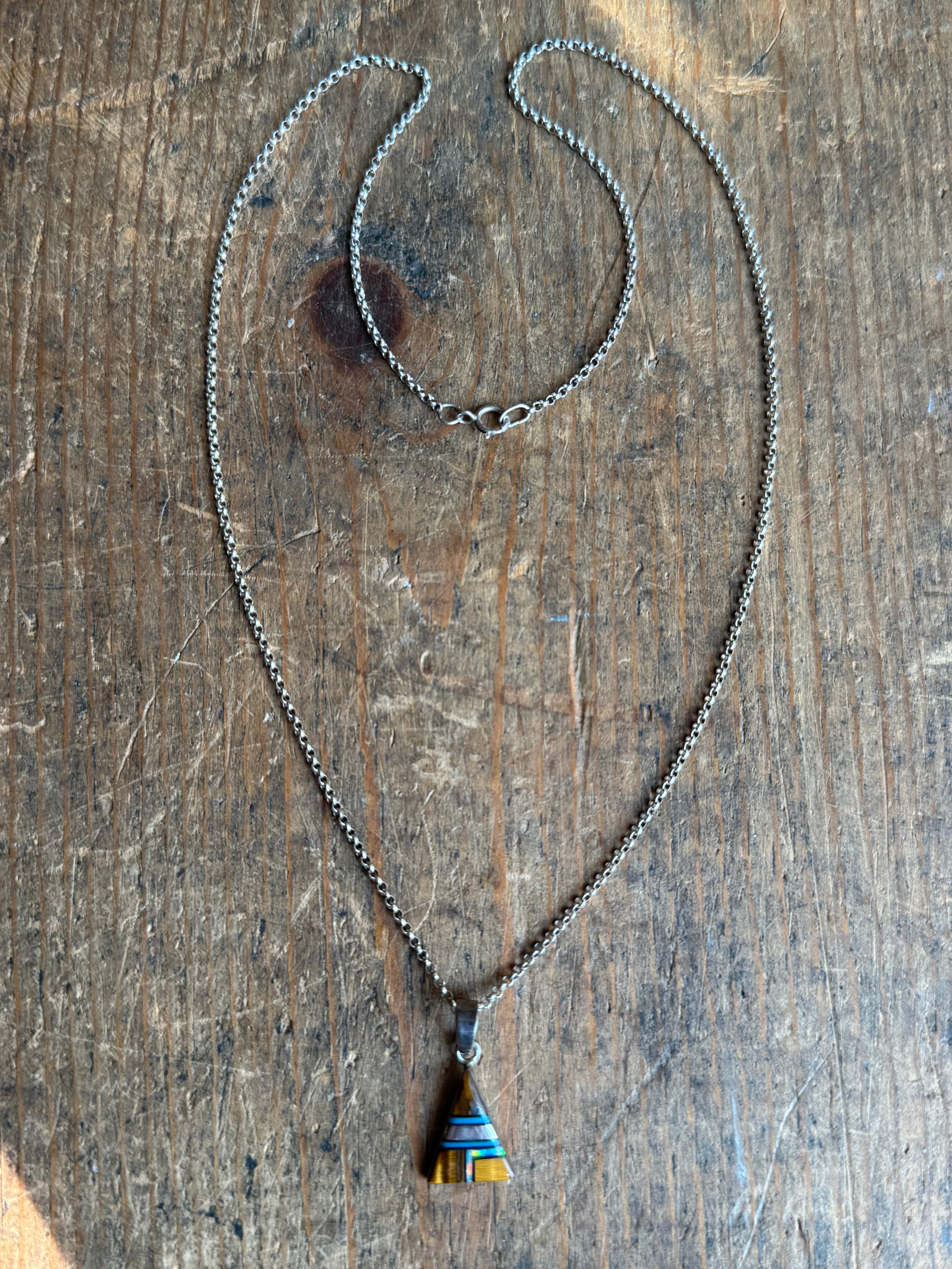 Vintage Sterling Silver Multistone Inlay Triangle 18" Necklace