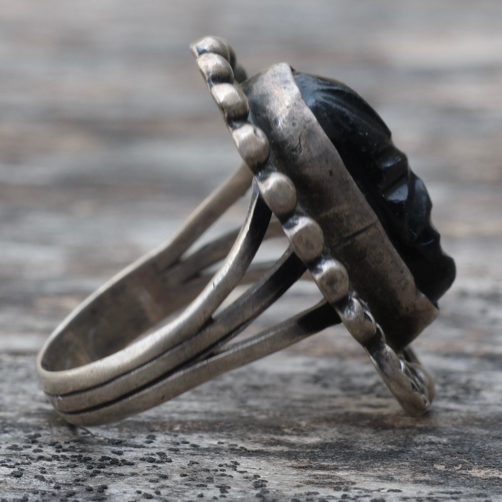 Vintage Sterling Carved Onyx Face Ring 5.5