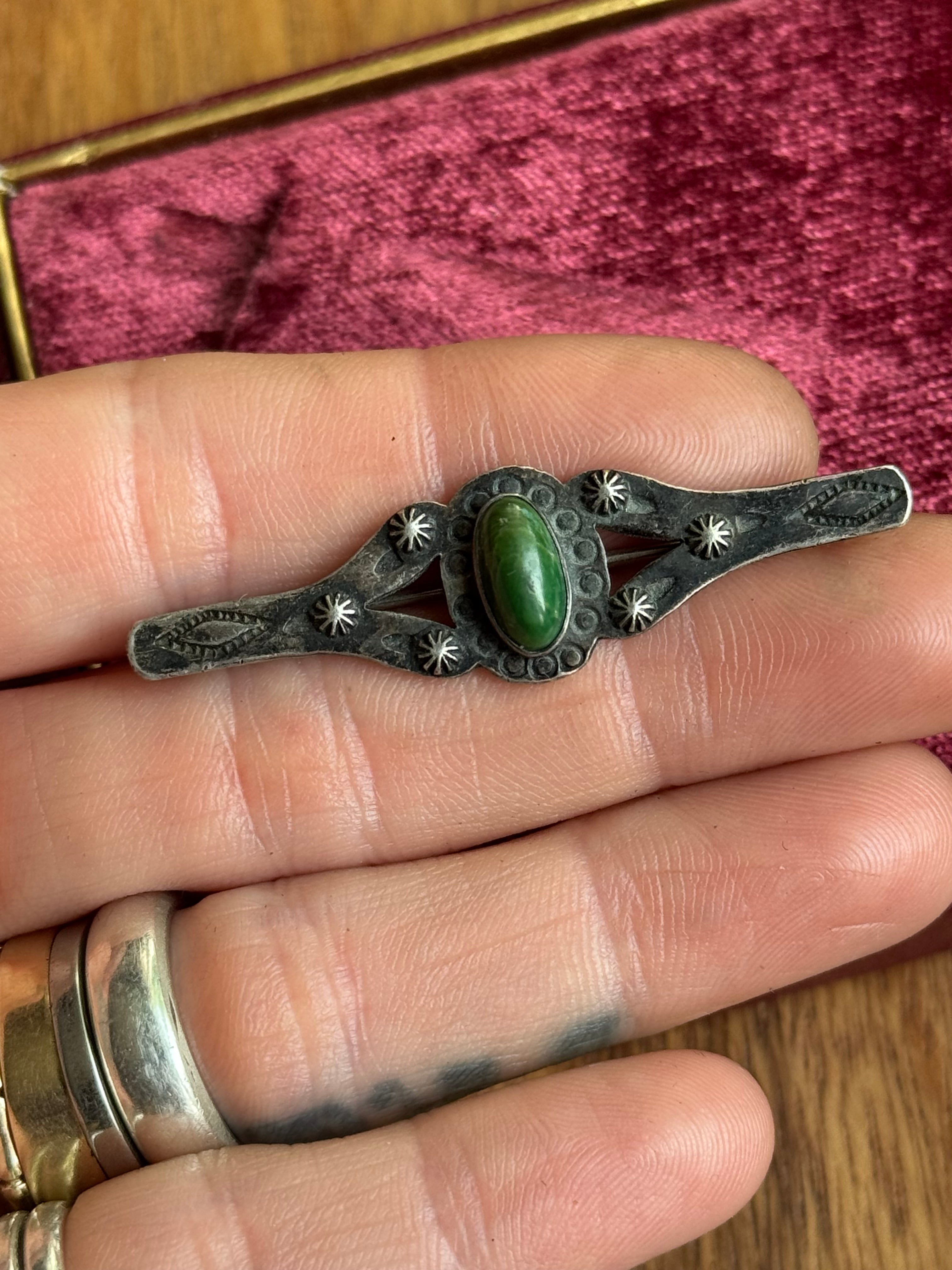 Vintage Sterling Silver Turquoise Stamped Pin