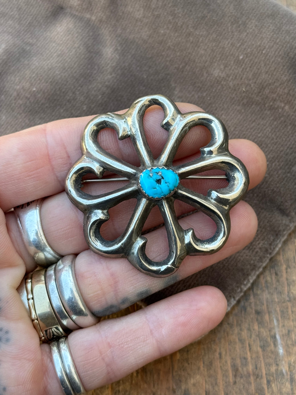 Vintage Sterling Silver Turquoise Sandcast Florette Pin