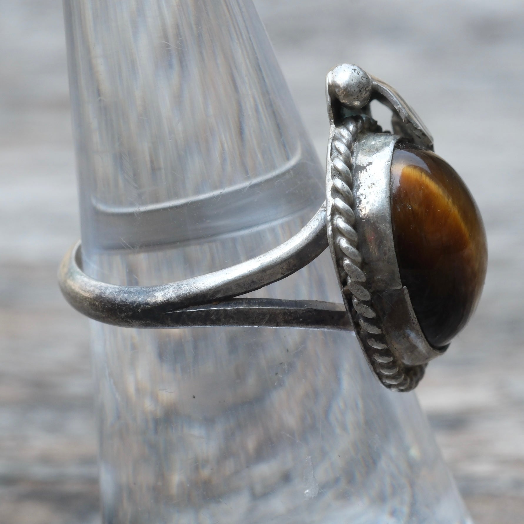 Vintage Sterling Tigers Eye Feather Ring 6.25