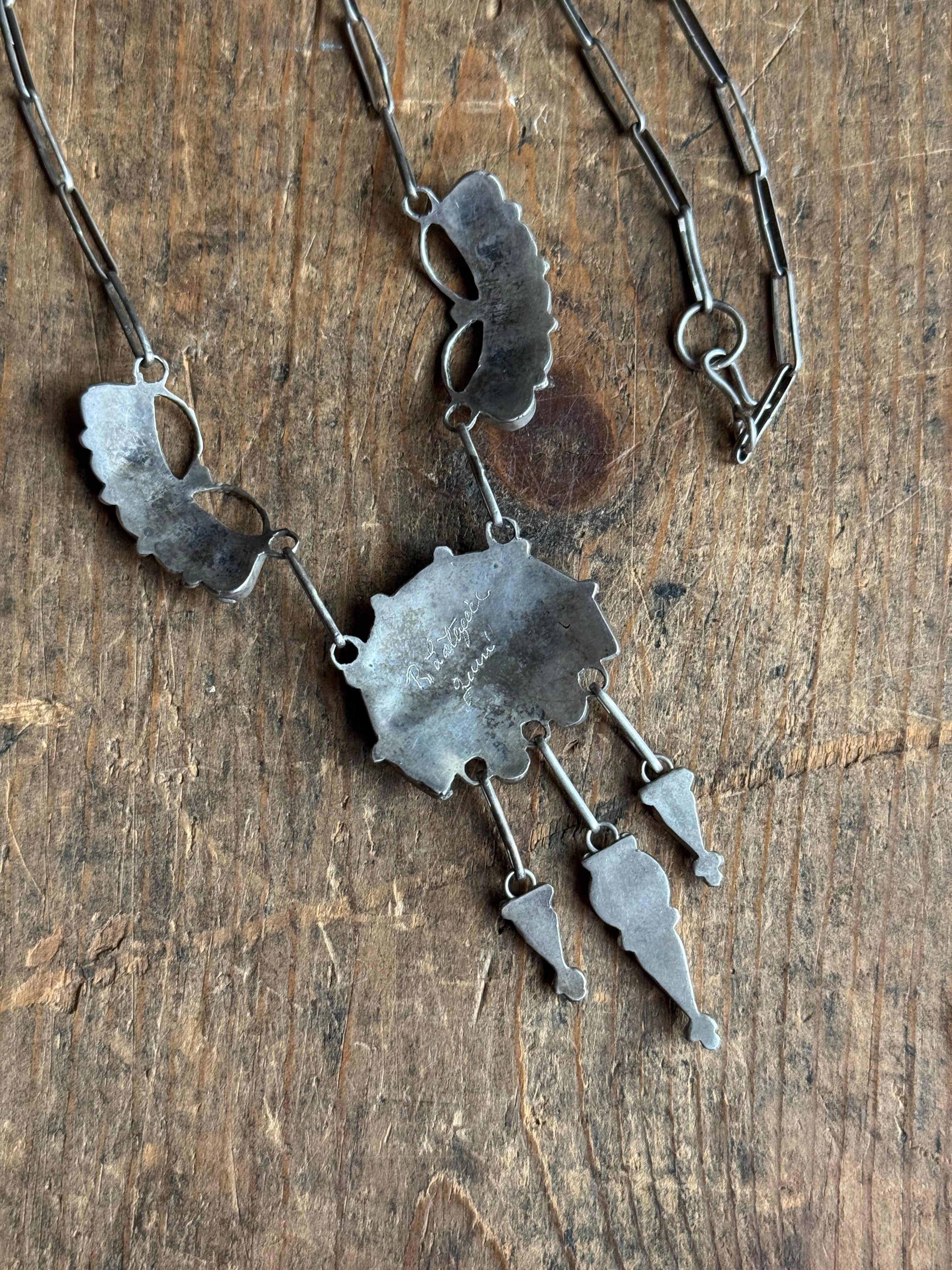 Vintage Sterling Silver Navajo Turquoise Sawcut Feather Necklace