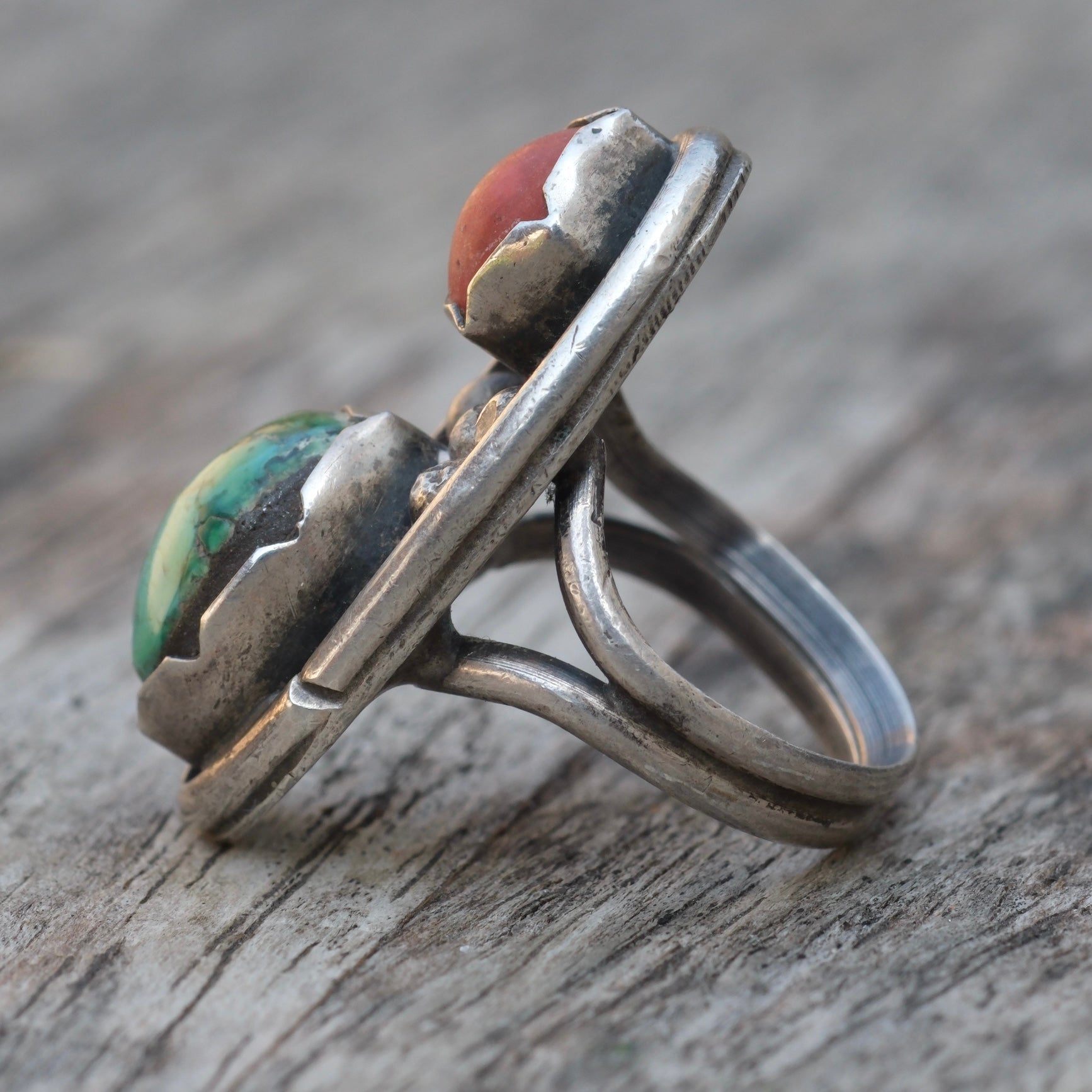 Vintage Sterling Turquoise and Coral Ring 3.5