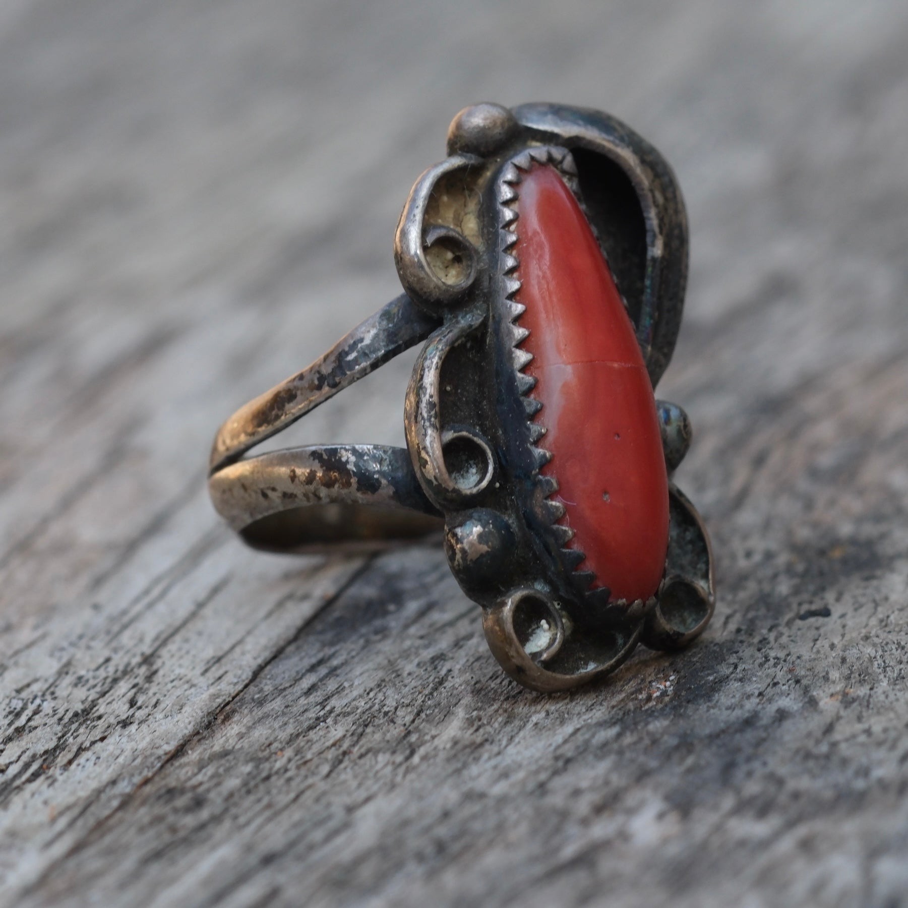 Vintage Sterling Coral Feather Ring 6