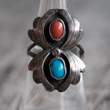 Vintage Sterling Turquoise and Coral Feather Ring 6.75