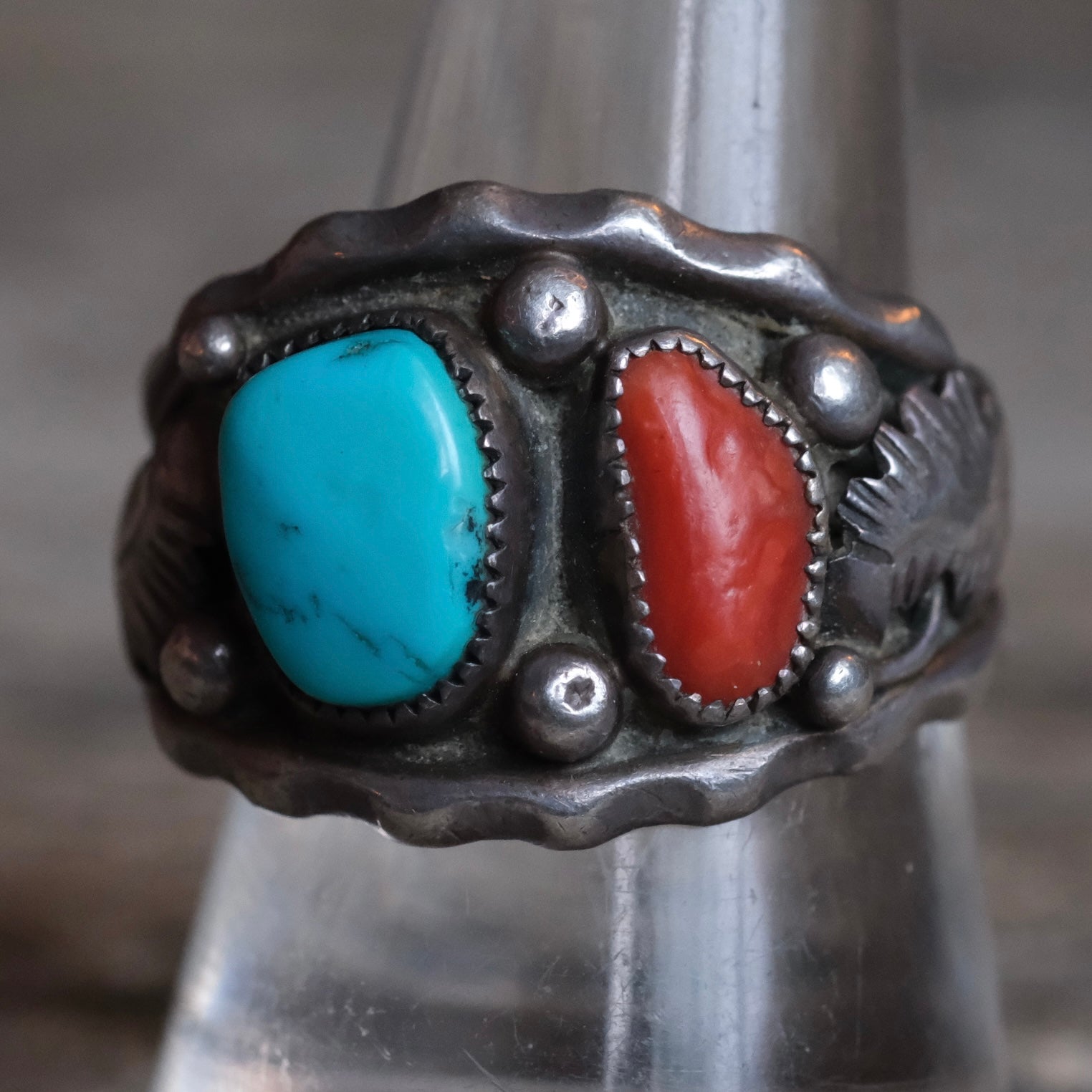 Vintage Sterling Turquoise and Coral Feather Band Ring 9.5