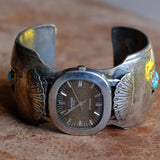 Vintage Sterling Turquoise and Coral Thunderbird Inlay Watch Cuff Bracelet
