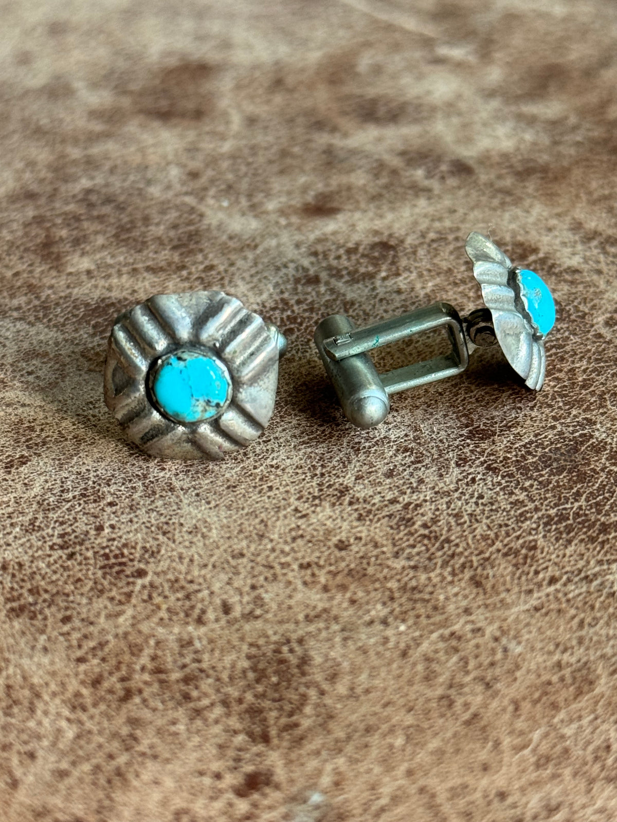 Vintage Sterling Silver Turquoise Concho Cufflinks