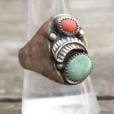 Vintage Sterling Turquoise and Coral Feather Ring 9.75