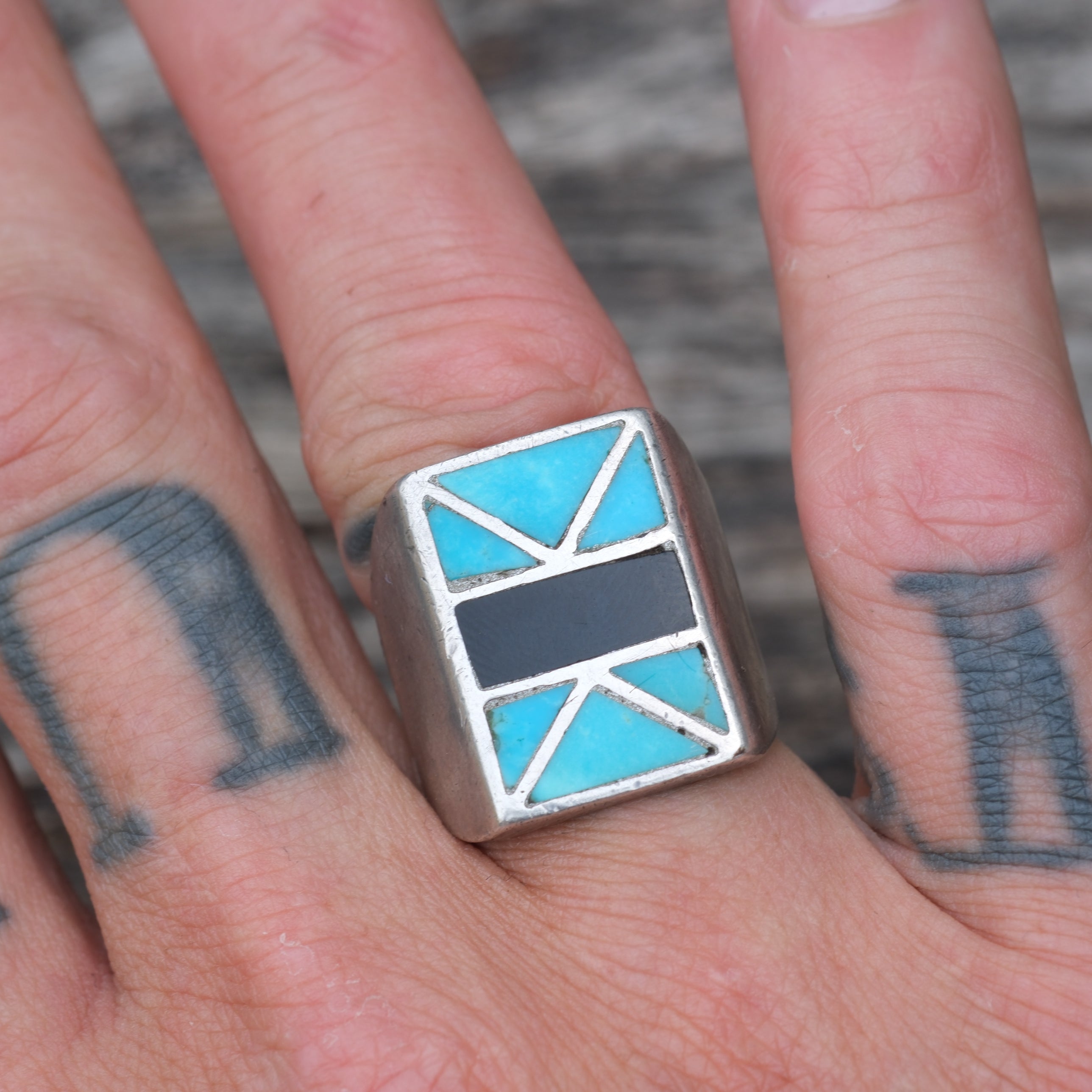 Vintage Sterling Turquoise and Onyx Inlay Ring 8