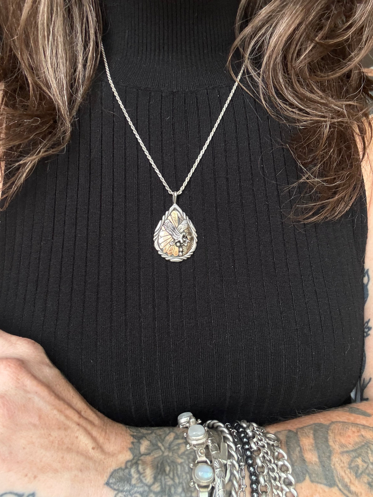 Vintage Sterling Silver & Brass Eagle Necklace
