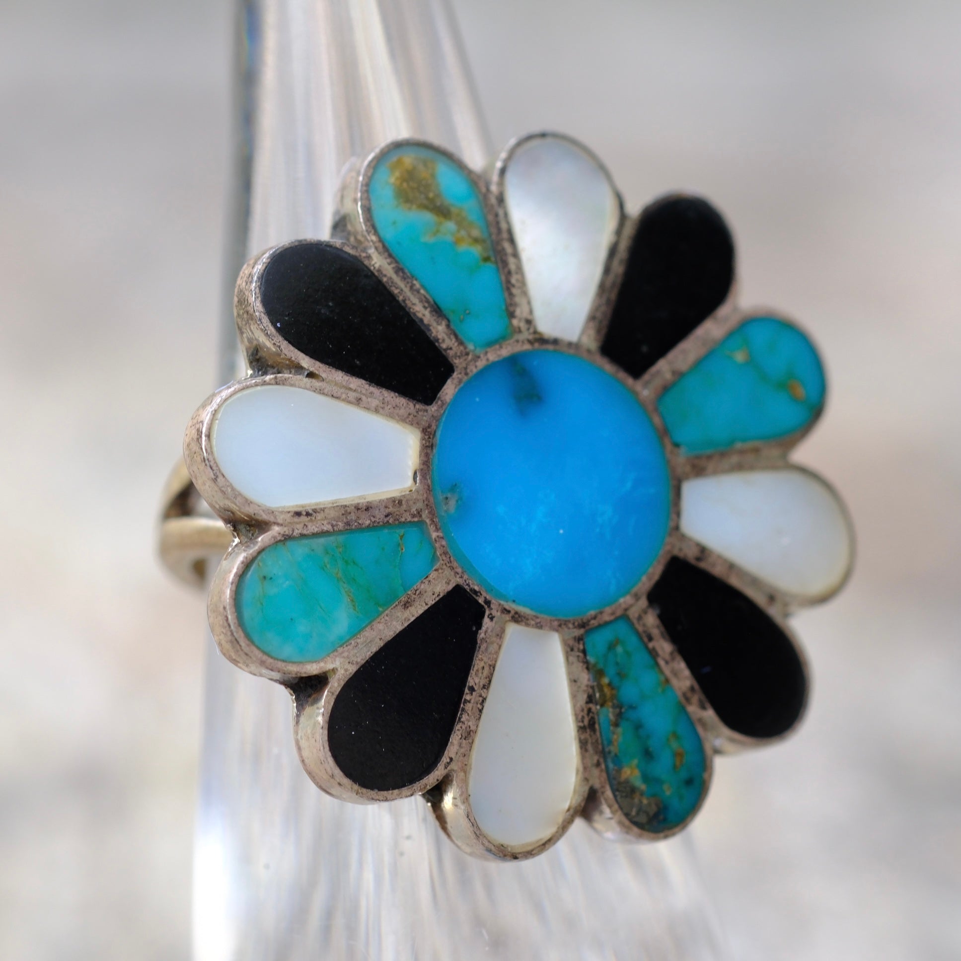 Vintage Sterling Multistone Inlay Flower Ring 4.5