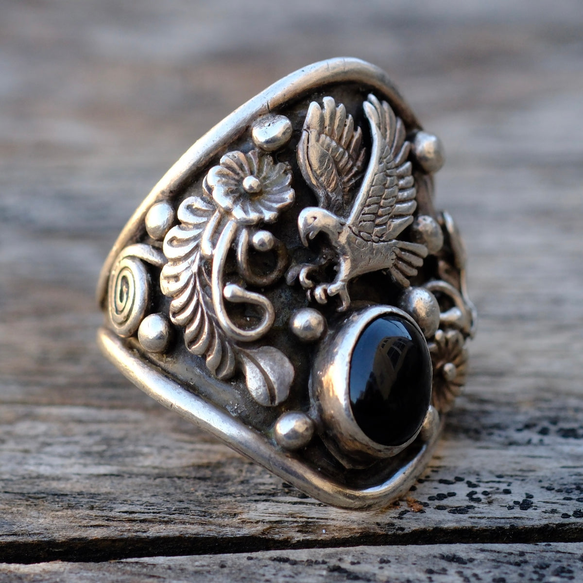 Vintage Sterling Onyx Eagle Ring 8.75