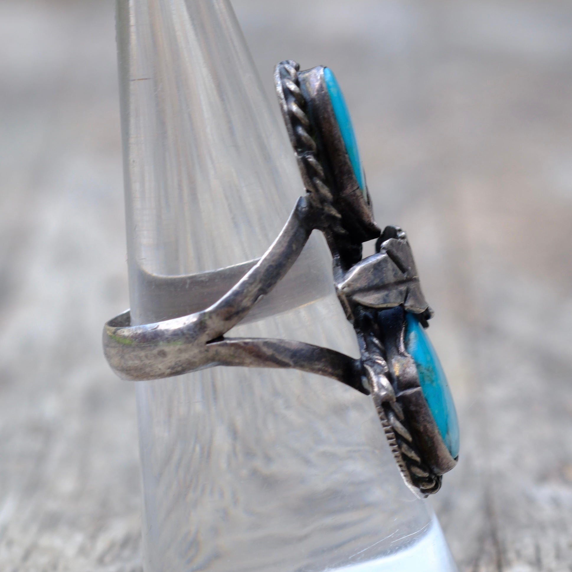 Vintage Sterling Silver Double Turquoise Leaf Ring 7.75