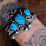 HEAVY Vintage Sterling Blue Gem Turquoise Sandcast Cuff