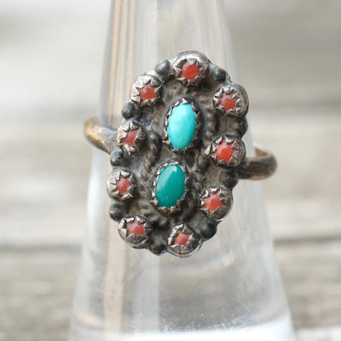 Vintage Sterling Turquoise and Coral Cluster Ring 6.75