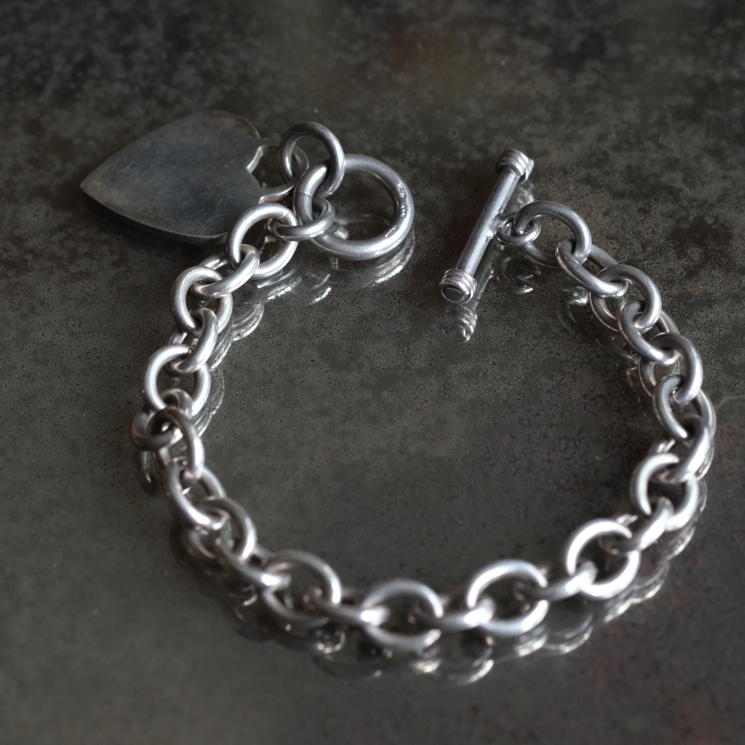Vintage Sterling Rolo Link Heart ID Bracelet 7.75"