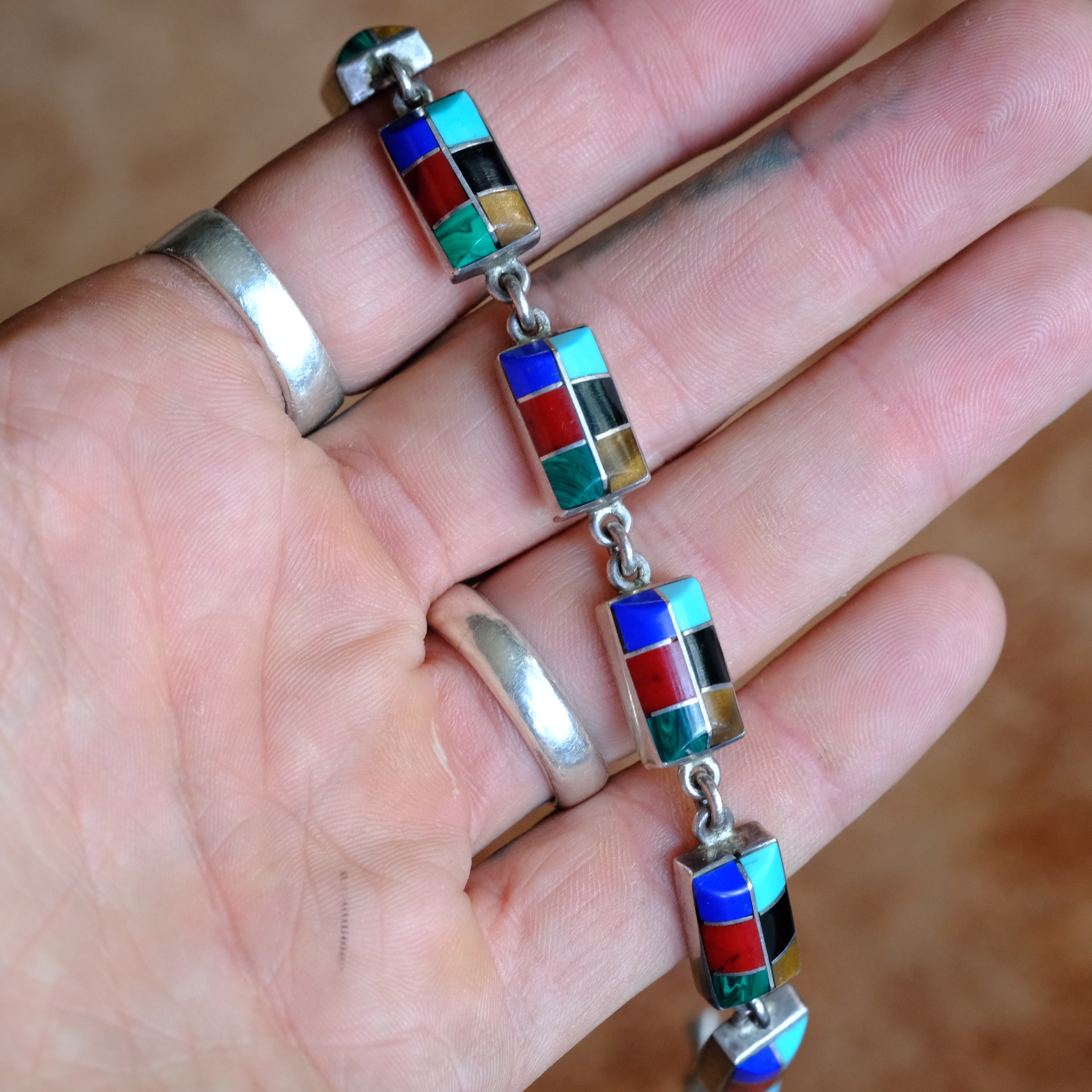 Vintage Sterling Multistone Inlay Link Bracelet