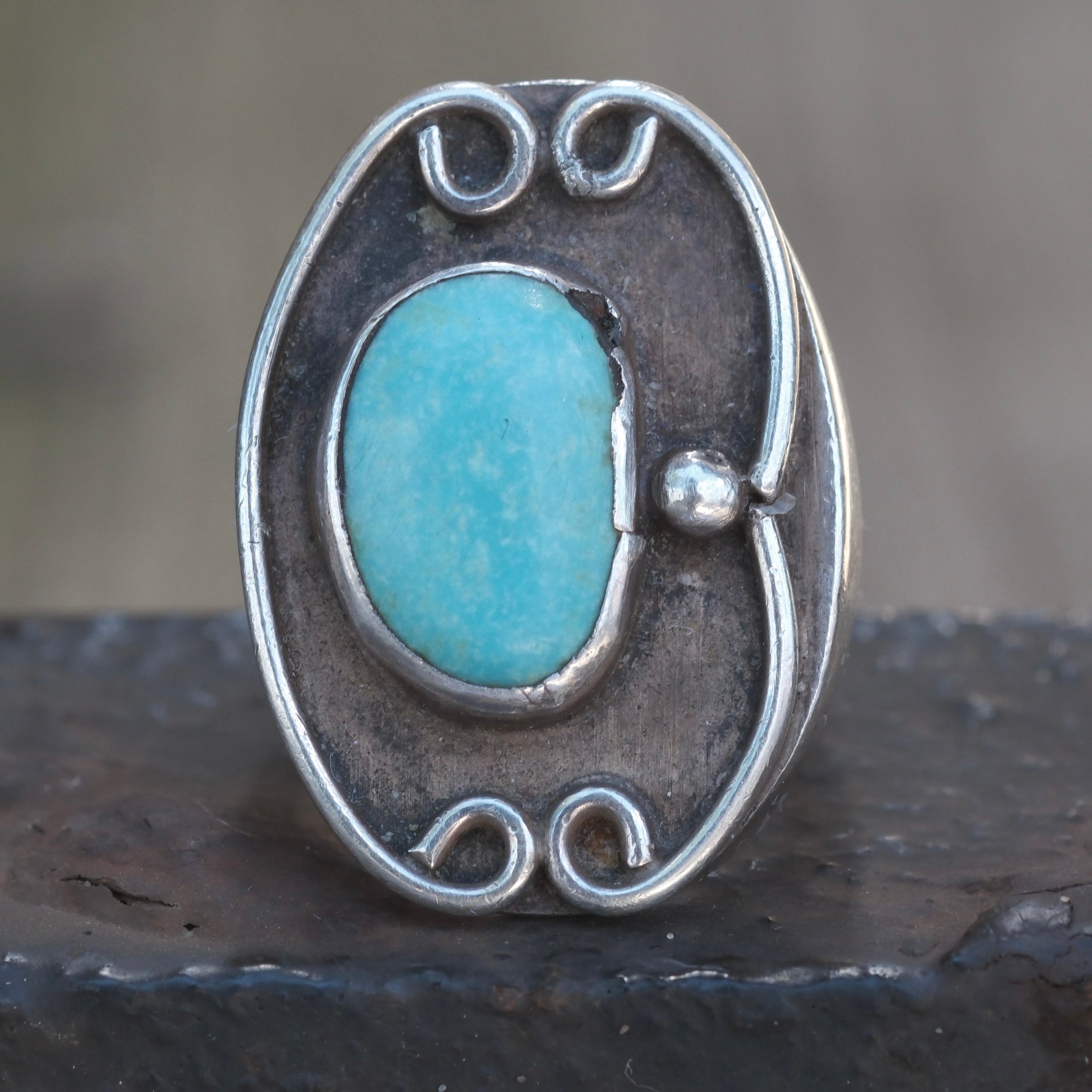 Vintage Sterling Turquoise Florette Ring 9.5