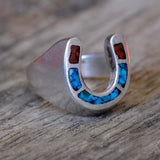 Vintage Sterling Turquoise and Coral Inlay Horseshoe Ring 4