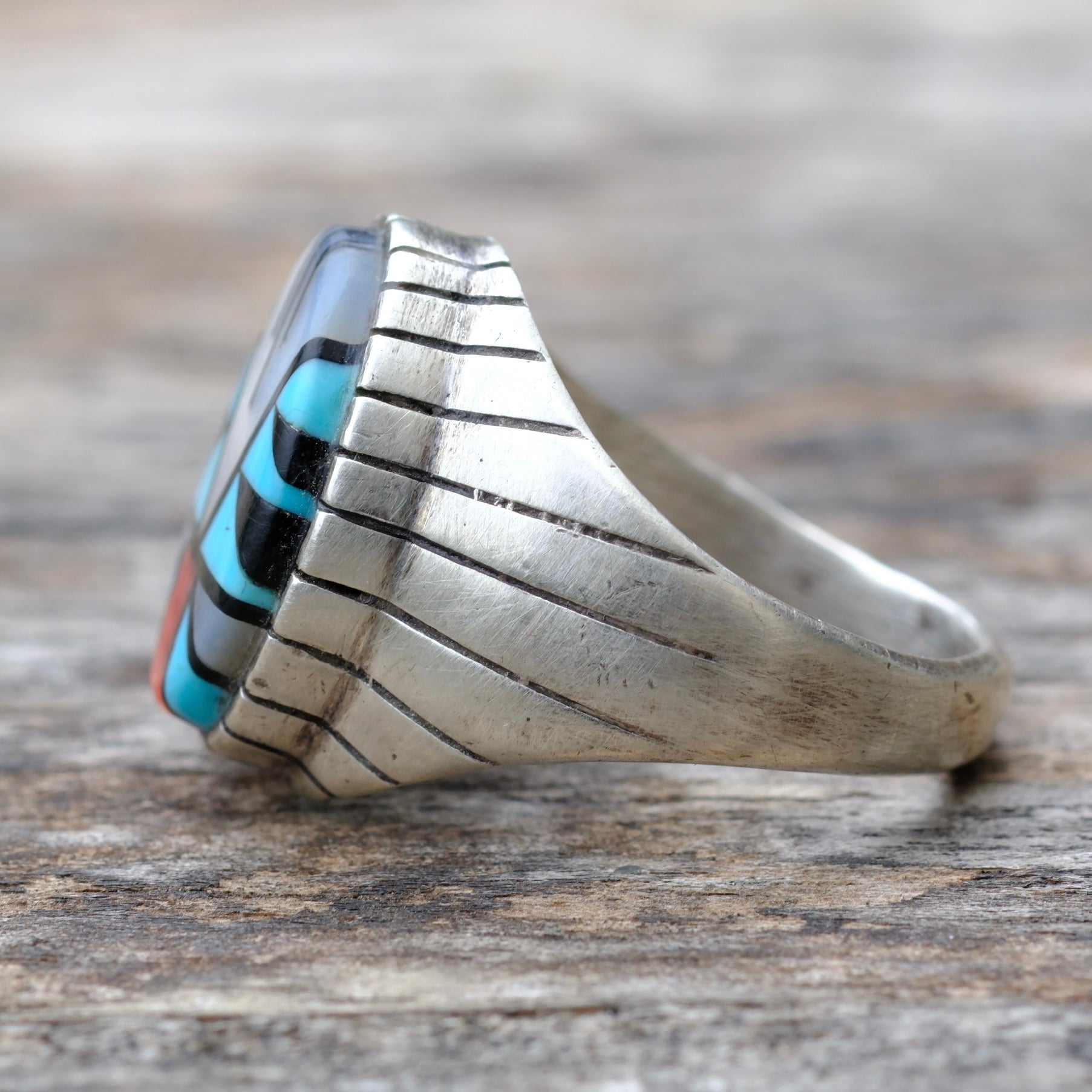 Vintage Sterling Zuni Inlay Ring 10.75